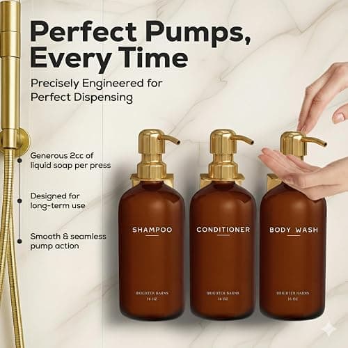 Luxury Shampoo and Conditioner Dispenser Set Wall Mounted by Brighter Barns - Plastic Shower Dispenser Set - 3 Chamber Drill Free Shampoo Bottle - Modern Bathroom Decor for Guest Bathroom (Amber Gold) thumbnail 4