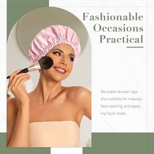 Reusable Shower Cap for Women, Large Waterproof Shower Bonnet Washable Elastic Band Bath Hair Hat for Long Hair, Braids(Pink) thumbnail 2