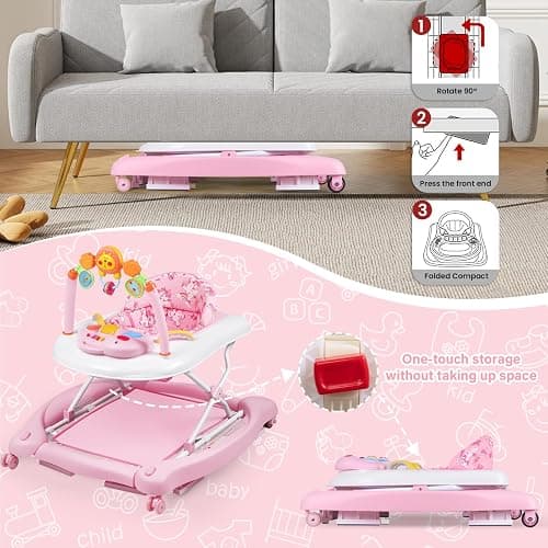 RefoereBabe 5 in 1 Foldable Baby Walker for Boys Girls Infant 6-12 Months | Walkers for Babies with Bouncer, Rocker, Feeding Tray, Music, Adjustable Heights & Wheels, Seat Activity Walker thumbnail 8
