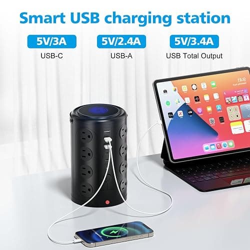 Tower Power Strip Surge Protector with 16 Outlets and 5 USB Ports (2 USB-C), 6FT Extension Cord with Multiple Outlets,Heavy Duty Charging Station,Home Office Dorm Room Essentials. No Wireless Charging - 6FT - Black thumbnail 5