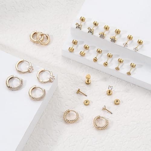 Wgoud 12 Pairs Hypoallergenic Surgical Steel Earrings for Sensitive Ears Waterproof Trendy Gold Plated Small Stud Flat Back Stainless Steel Earrings for Women Men Hoop Cartilage Earring Set for Multiple Piercing thumbnail 5