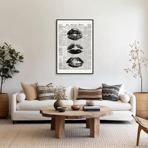 Trendy lips Wall Art Vintage Black And White Newspaper Kiss Posters Retro Canvas Prints Art Funky Girly preppy Apartment for y2k Room Decor Aesthetic 12x18inch black framed thumbnail 3