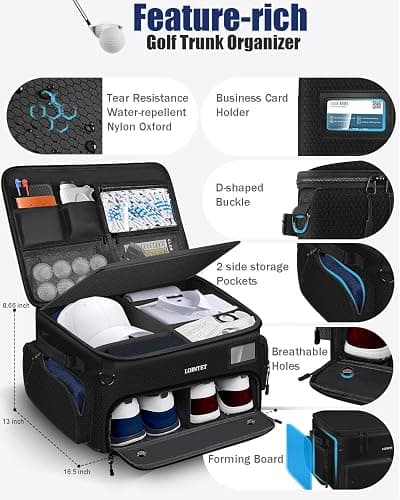 LOINTET Golf Trunk Organizer, Waterproof Car Golf Locker with Separate Ventilated Compartment for 2 Pair Shoes, Golf Storage for Balls, Tees, Cap, Clothes, Gloves, Accessories, Gifts for Men, Women thumbnail 3