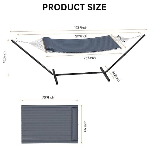 Garvee 2 Person Portable Double Hammock for Outdoor with Pillow, Heavy Duty Portable Hammock with Adjustable Steel Stand for Patio, Garden, Beach, Backyard thumbnail 8