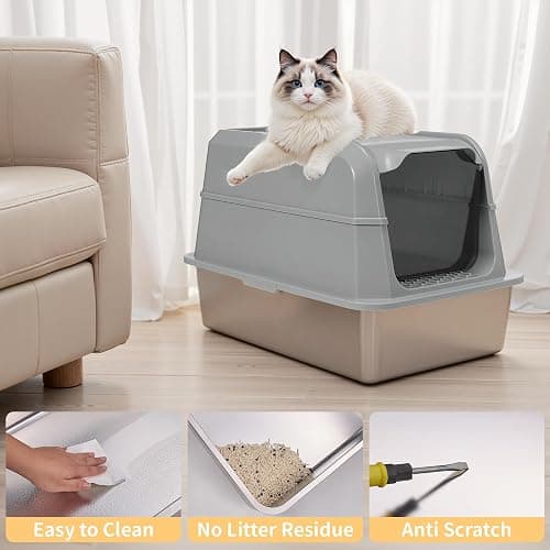 UNZIPE Stainless Steel Litter Box with Lid, XL Extra Large Cat Litter Box, Enclosed Metal Litter Pan with High Sided Enclosure & Scoop, Anti Leakage, Easy to Clean, Odor Control(Grey) thumbnail 5
