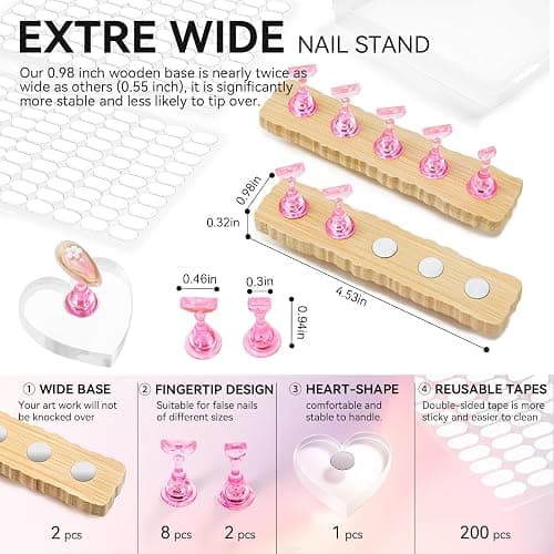 ESUOHYM Nail Stand for Press On Art Display Practice 2 Sets, 1 Heart Acrylic Magnetic Nail Stands, Fake Nail Holder Tips, 200 PCS Double-Sided Tape, DIY Kit Home Supplies (Wood And Pink, Medium) thumbnail 4