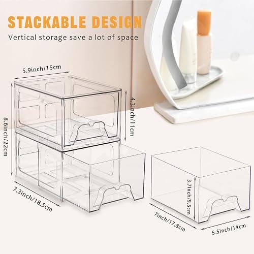 Stebopum 6 Pack Stackable Makeup Organizer, 4.4'' Tall Acrylic Bathroom Makeup Organizer and Storage Drawer with Pull-out Handle, Clear Plastic Storage Bins for Vanity,Pantry,Desk,Undersink,Kitchen thumbnail 3