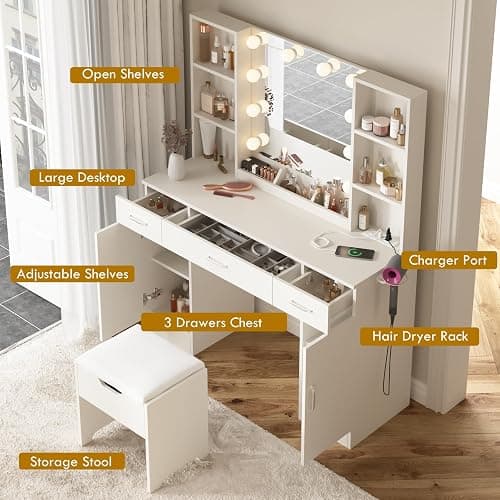 Vabches Makeup Vanity Table with Lighted Mirror & Power Strip, Large Vanity Set Vanity Desk with Storage Stool, 3 Lighting Modes, Brightness Adjustable, 45.2in(L) thumbnail 4