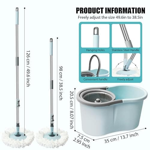 Spin Mop and Bucket with Wringer Set, 360° Spinning Mop Bucket System with 3 Microfiber Mop Replacement Heads, Adjustable Handle for Floor Cleaning (Light Blue) thumbnail 2