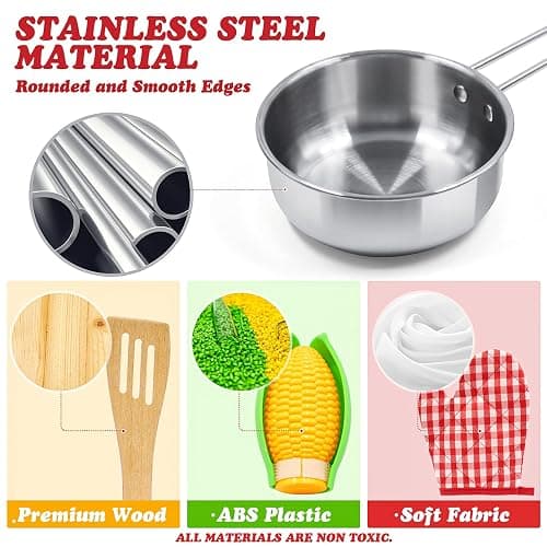 Kids Pretend Play Kitchen Toys Accessories Set, 32 Items Stainless Steel Toy Pots and Pans Sets w/ Rack Organizer, Metal Cooking Utensils & Apron, Play Food w/ Basket for Kids Girls Boys Toddlers thumbnail 5