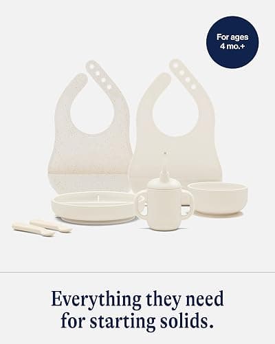 Lalo First Bites Silicone Baby Feeding Set - Baby Led Weaning Supplies - Non-Toxic Silicone - Includes 2 Bibs, 2 Spoons, Training Cup, Suction Plate and Bowl - 6 Pieces - Oatmeal - Oatmeal - Full Kit thumbnail 4