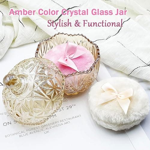 Body Powder Puff with 4“ Crystal Glass Storage Jar Including 1 Pink Puff and 1 Skin-Tone Puff Suitable for Loose Powder Soft Washable Reusable Fluffy Puff Perfect for Skincare(Crown-Amber) thumbnail 4