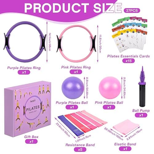 Pilates Ring Ball Equipment Kit - 27Pcs, 12" & 14" Magic Circle Workout Rings, 9.8" Exercise Balls, Workout Cards, Resistance Bands, Women Yoga Essentials Set for Beginners, Home Reformer Accessories thumbnail 2