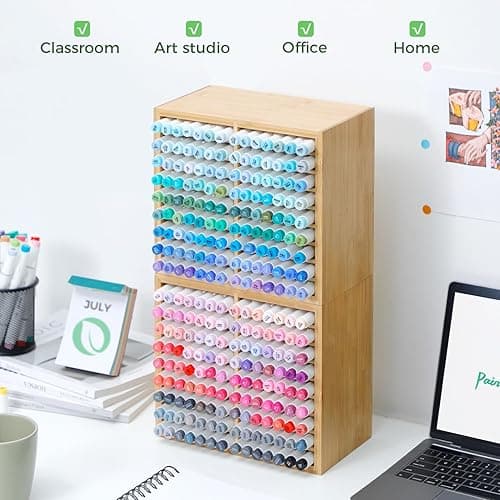 Ohuhu Bamboo Marker Organizer, Wooden Desktop Storage Hold 126 Markers, Pens, Pencils, Art Brushes Stationary Organizer Pencil Holder with 18 Compartments for Home, Classroom, Office Decor - Hold 126 Markers thumbnail 7
