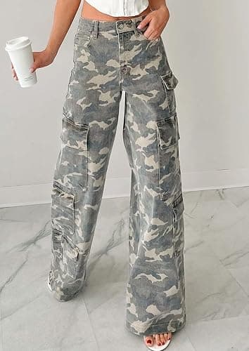 loveimgs Women Casual Camo Print Denim Pants Y2k Wide Leg Cargo Jeans Flare Distressed Camouflage Jeans Sweatpants Pockets thumbnail 6