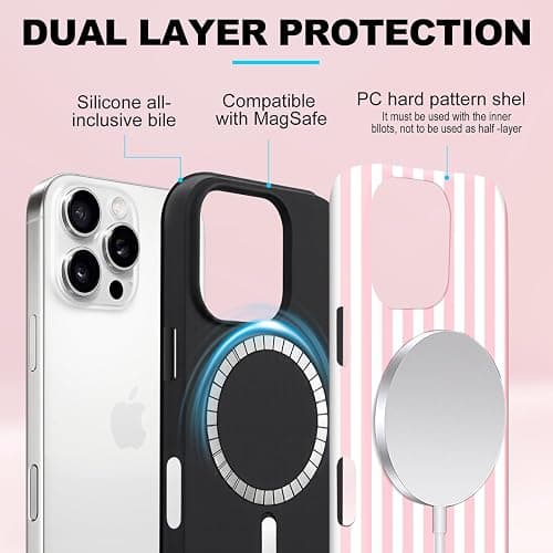 flewfun Magnetic for iPhone 16 Pro Case Cute Stripes Phone Case, Shockproof Slim TPU and Hard PC Protective Phone Cover Compatible with MagSafe Designed for Women Girls, Pink and White thumbnail 3