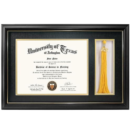 GraduationMall 11x17 Black Wood Diploma Frame with Tassel Holder for 8.5x11 Certificate Document,Real Glass,Black over Gold Mat - Image 1