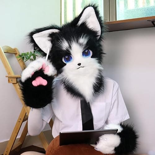 HAOAN Animal Furry Fursuit Head Mask Plush Cat Fox Mask Costume Props for Halloween Cosplay Party thumbnail 5