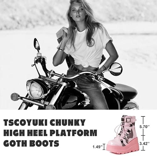 Tscoyuki Platform Ankle Boots for Women Chunky High Heel Booties Goth Round Toe Combat Boots Women Lace Up Motorcycle Wedges thumbnail 2