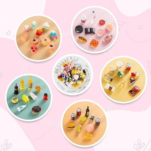 50 Pcs Miniature Food Drink Bottles Soda Pop Cans Pretend Play Kitchen Game Party Accessories Toys Hamburg Cake Ice Cream for 1/12 Doll House (25Food+25Drink) thumbnail 2