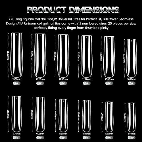 AKA Unicorn 240Pcs Soft Gel Nail Tips, Long Square Clear Full Cover Fake Nail Tips, XXL Acrylic Nail Extensions Kit, Clear Press On Nail Tips for Home Salon DIY 12 Sizes thumbnail 4