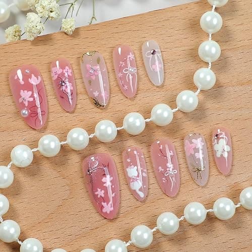 30Pcs Pink Flower Press on Nails Medium Almond Fake Nails Gilding Peach Blossom with Gems Design 3D Pearl Bow False Nails Cute Cat Stick on Nails Handmade Full Cover Artificial Glue on Nails for Women thumbnail 2