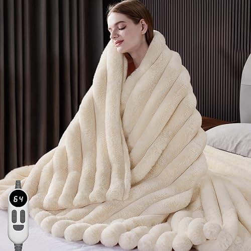 HaloRest Heated Throw Blanket, Faux Fur Cozy Electric Blanket 50''*60'' | Heating Blanket with Overheat Protection, 1/2/3/4 Hours Auto-Off 6 Heat Levels, Machine Washable(Cream White) - Image 1