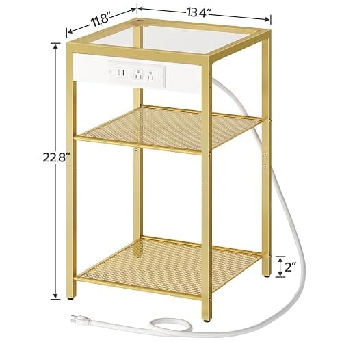 HOOBRO End Table with Charging Station, Side Table with USB Port & Power Outlets, 3-Tier Slim Nightstand with Storage Shelves, Tempered Glass, for Living Room, Bedroom, Gold GD77UBZ01 thumbnail 3