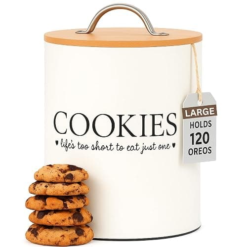 D'Lifeful Cookie Jar with Airtight Bamboo Lid – 1.1 Gallon Cute and Decorative Cookie Storage for Kitchen Countertop – Farmhouse Storage Tin for Freshness – Great Gift Idea (Off White) - Image 1