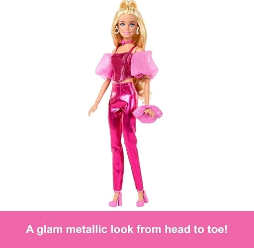 Barbie Deluxe Style Doll #5 in Metallic Pink Outfit, Blonde Hair, Sparkly Corset Top and Shiny Pants with Accessories Like Rose Necklace and Handbag thumbnail 5