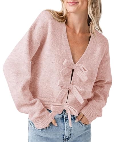 Saodimallsu Womens Bow Sweater Cropped V Neck Long Sleeve Fall Cozy Knit Loose Trendy Pullover Sweaters thumbnail 3