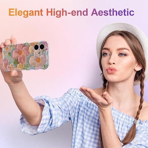 EYZUTAK Case for iPhone 16, Colorful Retro Oil Painting Printed Flower Laser Glossy Pattern Cute Curly Wave Edge Exquisite Phone Cover Stylish Durable TPU Protective Case for Girl Women-Green - iPhone 16 - Green thumbnail 7