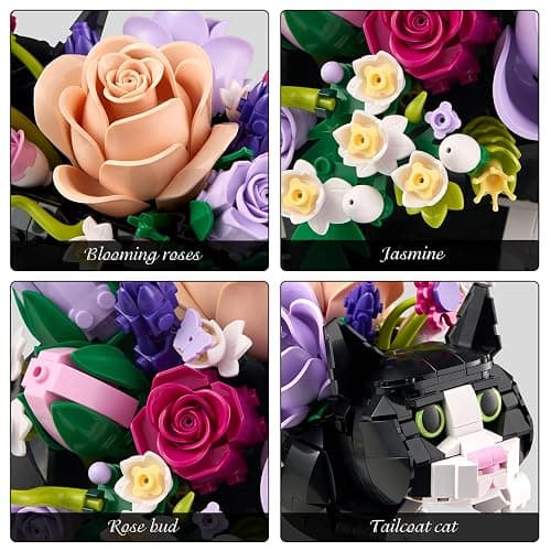 Tuxedo Cat Rose Bouquet Succulent Planter Building Blocks,Compatible with Lego Tuxedo Cat Flowers Pot,Creative Plants and Animals Decoration Rose Blocks Toys,Gifts for 18+ Girls,Mothers Day(824pcs) thumbnail 4