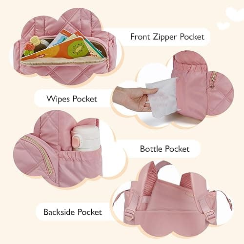 mommore Quilted Diaper Bag Backpack, Small Baby Bags, Lightweight Mini Diaper Backpack for Travel, with Insulated Pockets, Changing Pad (Pink) thumbnail 5
