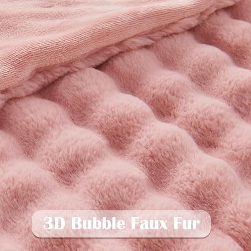 NEWCOSPLAY Faux Fur Throw Blanket Pink Bubble Blanket Thick Warm Soft for Couch Sofa Bed 550GSM (Pink, Throw(50"x60")) thumbnail 5