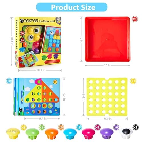 Geekper 68PCS Button Art Toys for Toddlers Color Matching Mosaic Pegboard, Early Learning Educational Toys for 3, 4, 5, 6 Year Old Kids Boys and Girls Easter Gifts, 10 Pictures and 58 Buttons thumbnail 5