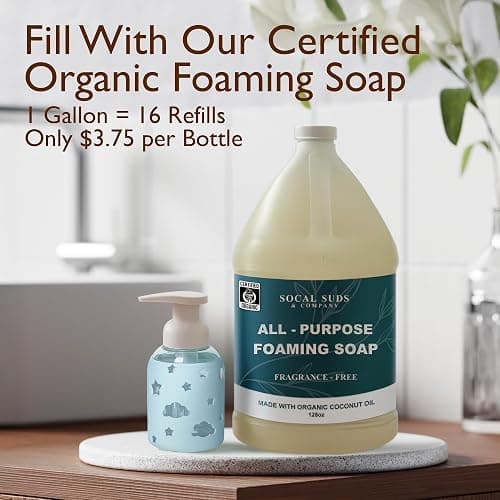 SoCal Suds & Company Foaming Hand Soap Dispenser Glass, Light Blue, 8oz | Liquid Soap Pump w/ Heart Silicone Sleeve, Refillable Bottle for Kids, Baby Wash & Shampoo, Ideal for Bathroom & Kitchen Use thumbnail 2