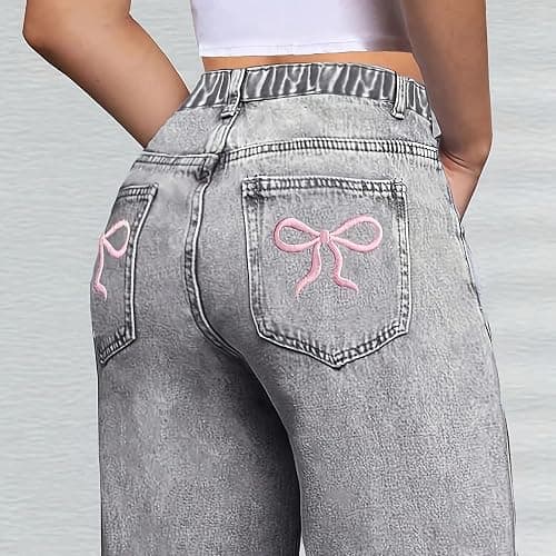 Girls Bow Jeans Trendy High Waist Wide Leg Baggy Denim Pants Casual Y2k Preppy Streetwear Cute Straight Trousers with Pocket thumbnail 4