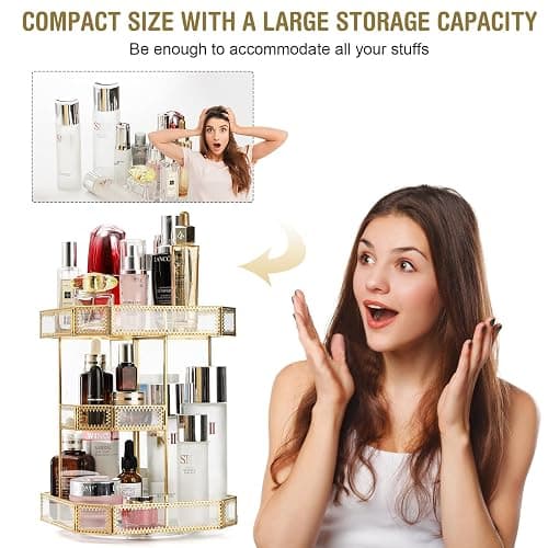ZOOFOX 360 Degree Rotating Glass Makeup Organizer, Large Cosmetics Storage Display Holder with Gold Trim for Vanity, Clear Makeup Carousel for Perfume, Cosmetics, Brushes, Lotion, Lipsticks thumbnail 3