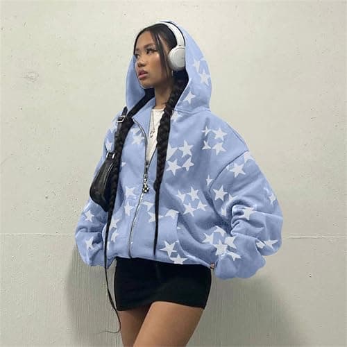 Tuislay Women Star Graphic Zip Up Hoodies Y2k for Teen Girls Oversized Streetwear E-Girl 90s Baggy Grunge Sweatshirt Jacket thumbnail 3