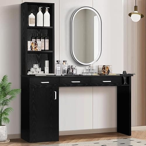 4ever2buy Barber Station for Hair Stylist, Salon Wall Station with Barber Cabinet, Hair Stations Equipment Hair Dryer Holder, Drawers, Wall Mount Barber Beauty Station, Mirror not Included, Black thumbnail 5
