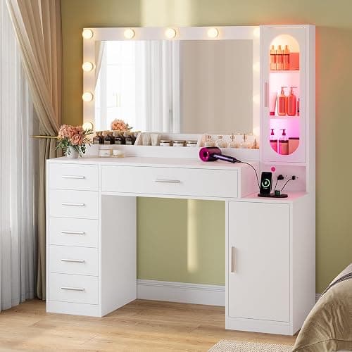 BTHFST Makeup Vanity Desk with Large 31.5" Mirror and Lights, 46.1" Vanity with RGB Lights & Charging Station, Vanity Table with 6 Drawers & Cabinet & Shelves, White - Image 1