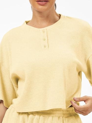AnotherChill Women's Cropped Waffle Knit Lounge Set – Short Sleeve Henley Top and High Waisted Shorts 2 Piece Casual Outfit thumbnail 7