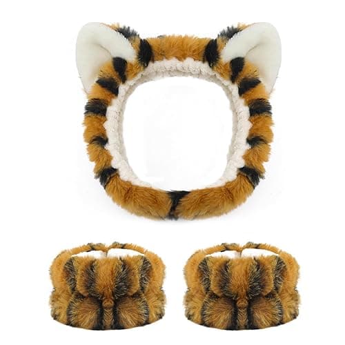 AEGYPIUS Tiger Ears Face Wash Headband and Wristband Set - 3 Pcs Spa Skincare Set for Women and Girls - Yellow - Image 1