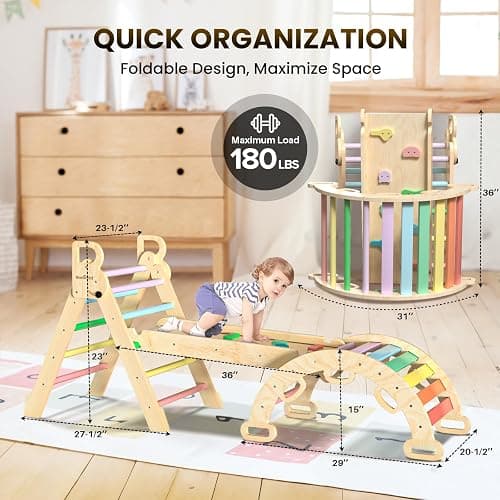 BlueWood Pikler Triangle Set 7in1 Foldable Baby Climbing Toys Wooden Montessori Climbing Set with Arch&Ramp&Ladder Baby Climber Indoor Jungle Gyms for Toddlers Montessori Toys - Rainbow - Rainbow thumbnail 2