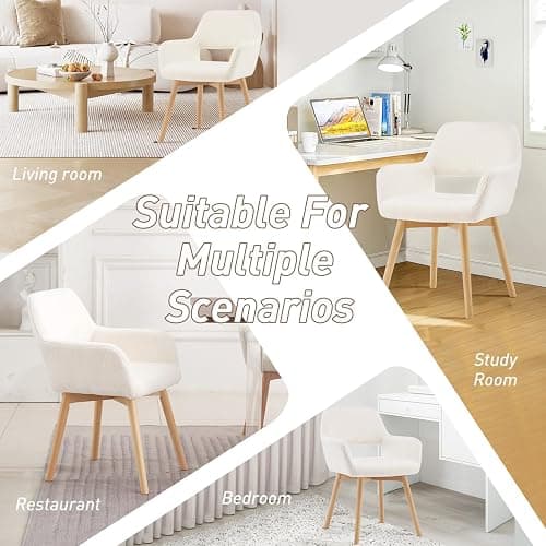 YEEFY Desk Chair No Wheels Vanity Chair Makeup Chair Comfy Accent Chair for Living Dining Room Bedroom Home Office Mid Century Modern Upholstered Armchair Sofa with Wood Legs (Wool White, 1) thumbnail 3