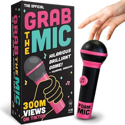 Lucky Egg Official Grab The Mic – Family Karaoke Board Game w/Foam Mic, 8+ Ages, 2-10 Players - Games for Bad Singers w/ 240 Lyrics (120 Cards) (First Edition) - Image 1