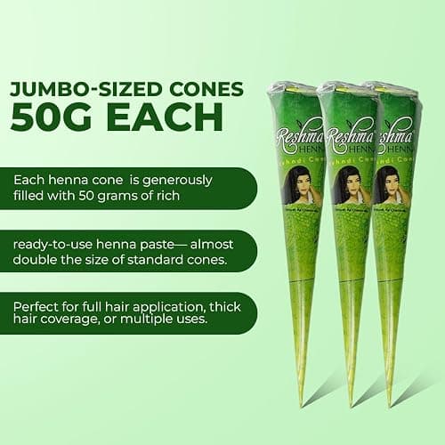 Reshma Beauty Pack of 3 Jumbo Henna Cones for Hair, 50g Each 100% Natural Ready to Use Henna Paste Hair Color Infused with Eucalyptus Oil, Nourishing & Long-Lasting Ayurvedic Hair Dye (Original) - 1.67 Ounce (Pack of 3) thumbnail 2