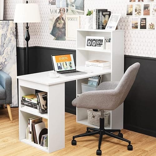 COSTWAY 122cm Computer Desk, Wooden PC Laptop Table Writing Workstation with 6-Tier Storage Bookshelves, Modern Home Office Working Study Desk (White) thumbnail 2