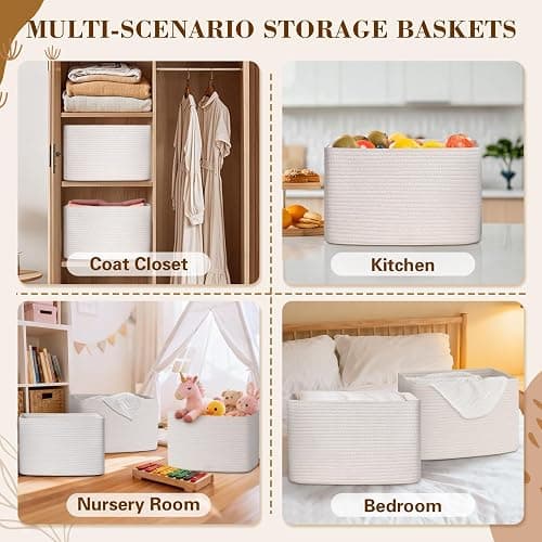 Degeyoyo Woven Storage Baskets, White Baskets for Organizing, 3 Pack Woven Basket for Storage, Decorative Storage Bins Baskets for Shelves, Towel, Toy, Book, Closet, Baby 14.96"×9.8"×8.85" thumbnail 5